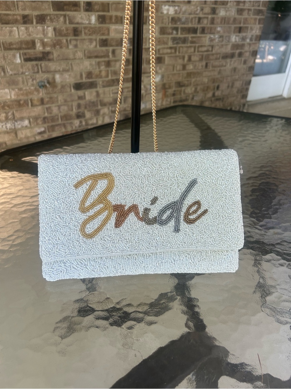 Francesca’s Bride Beaded Clutch Crossbody Wedding Purse White Pearl Evening Bag